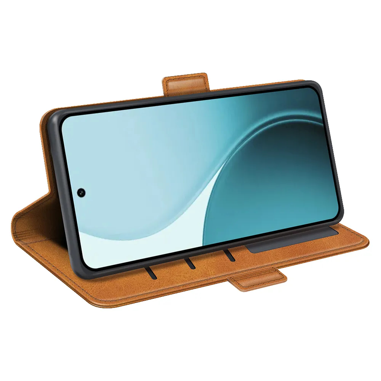 Een smartphone in een bruine leren hoes wordt weergegeven. Het scherm toont een blauw en wit abstract ontwerp.