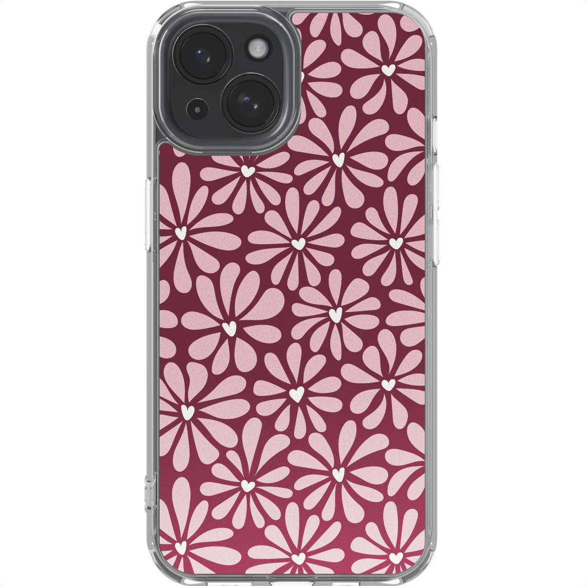 Een doorzichtige telefoonhoes met bloemenpatroon. Lichtroze bloemen met witte hartjes op een bordeauxrode achtergrond.