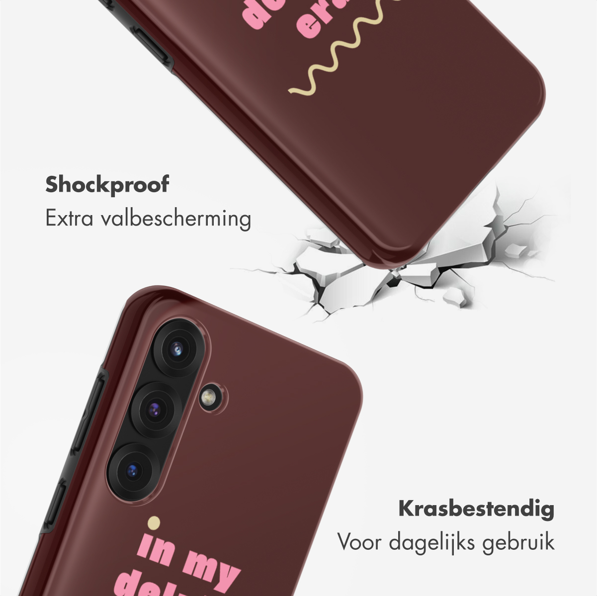 Deux coques de téléphone marron avec texte. L'une tombe, fissurant la surface. Texte : 'in my...' et 'de era'.