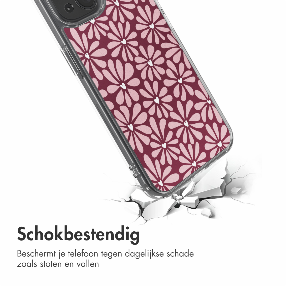 Telefoonhoesje met een bordeaux bloemenpatroon, dat een wit oppervlak breekt. De hoes is transparant en heeft een camerabult.