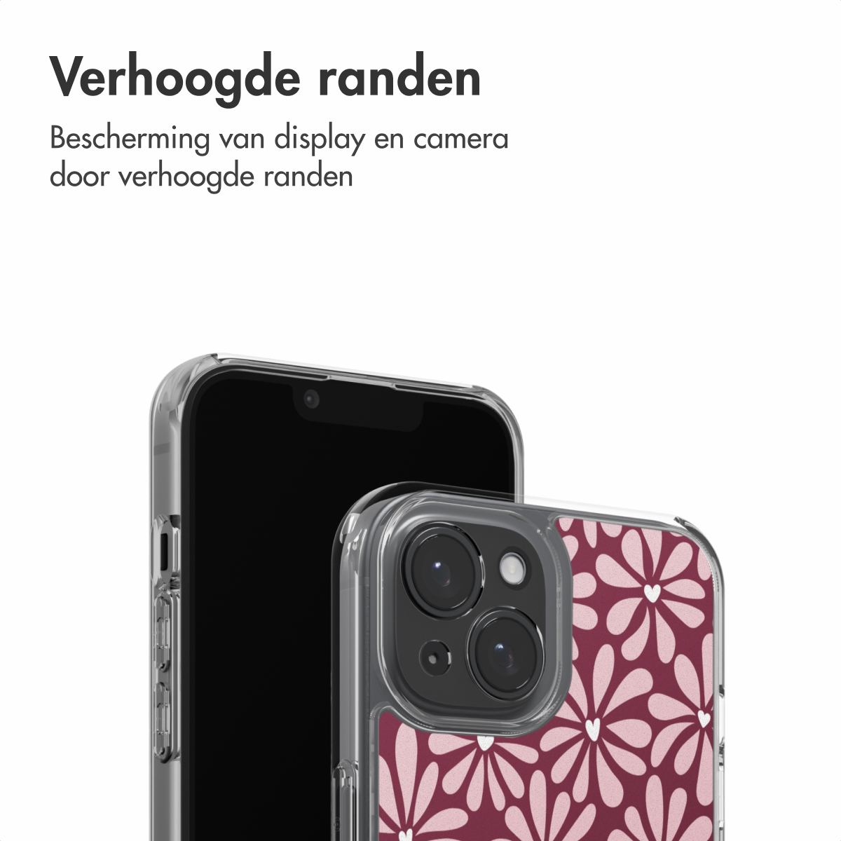 Twee smartphones met doorzichtige hoesjes. Eén is zwart, de andere heeft een bloemmotief in roze en wit op een bordeauxrode achtergrond.