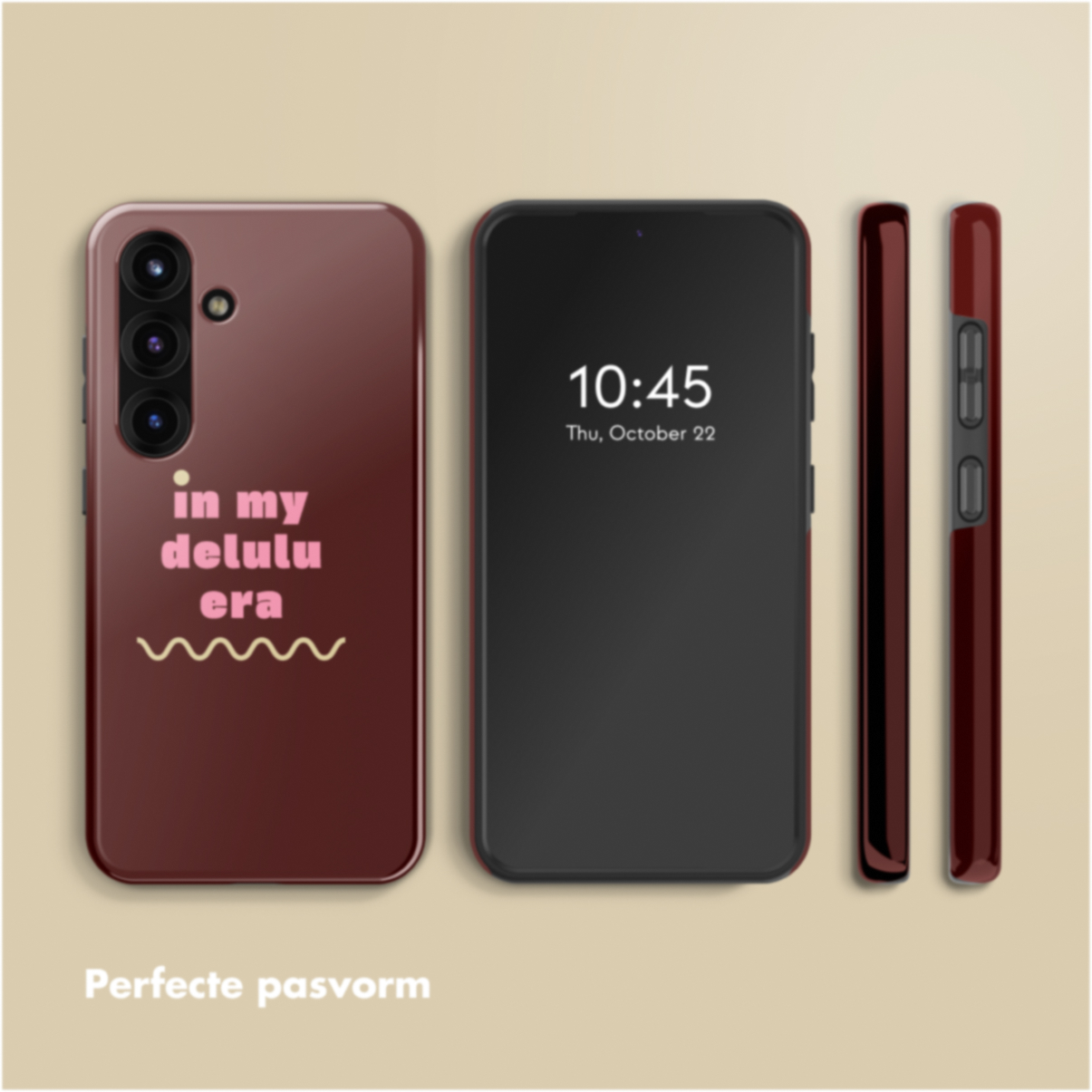 L'image montre trois coques de téléphone. L'une montre un téléphone avec un écran affichant l'heure.