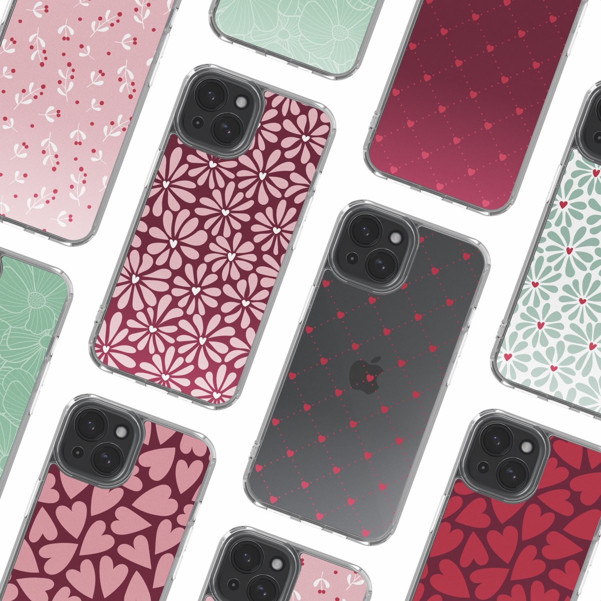 Verzameling iPhone-hoesjes met diverse patronen. Ontwerpen omvatten bloemen, harten en bladeren in roze, rode en groene kleuren.