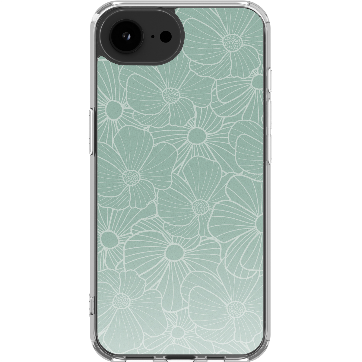 Una custodia per telefono con un design floreale. Presenta uno sfondo verde chiaro con contorni di fiori bianchi. La custodia ha un bordo trasparente.