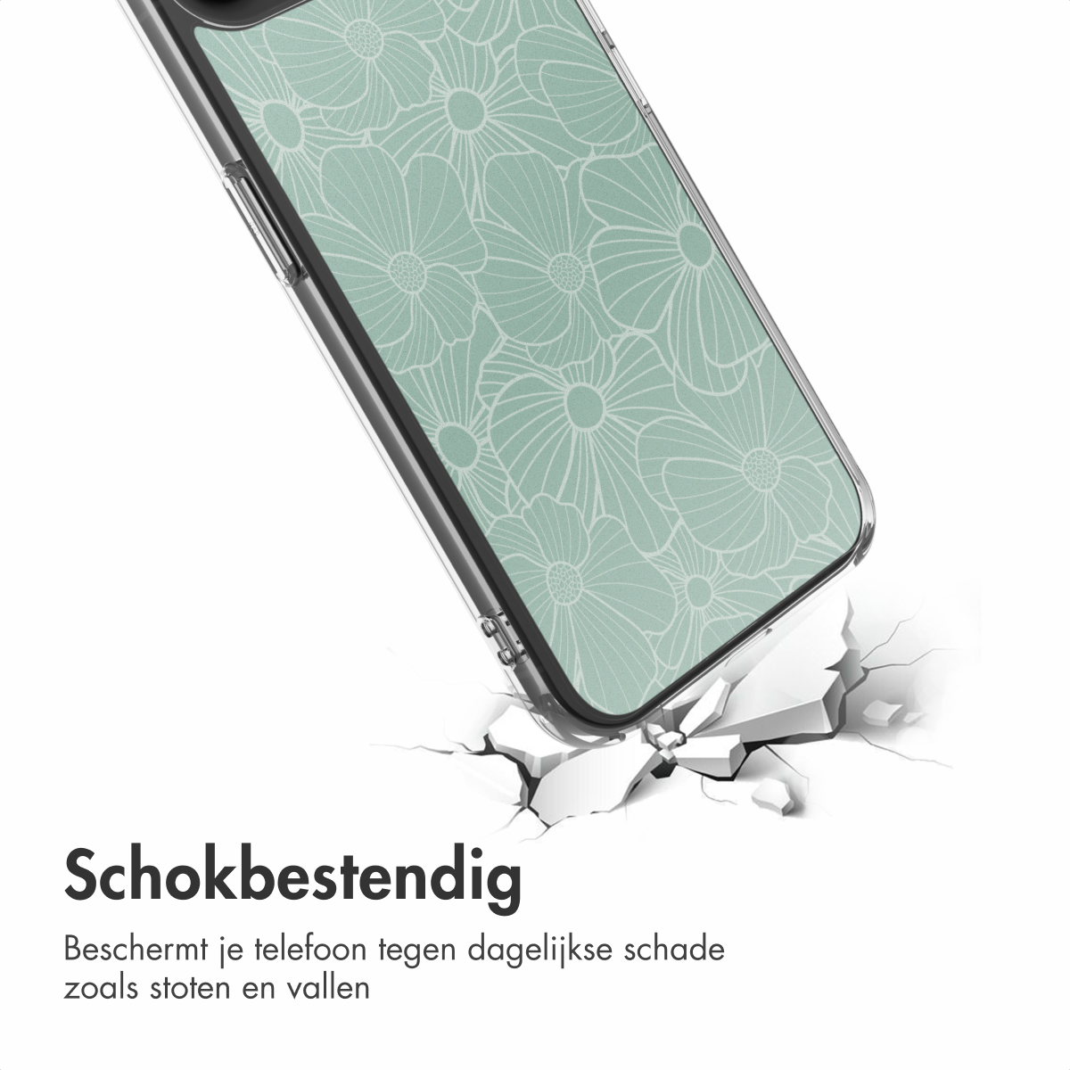 Una custodia per telefono con un design floreale rompe una superficie bianca. La custodia è verde menta con fiori bianchi. Il testo dice 'Schokbestendig'.