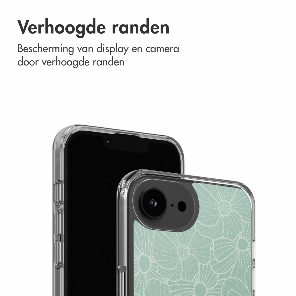 Due smartphone con custodie trasparenti, uno con un design floreale. Le custodie hanno bordi rialzati per la protezione dello schermo e della fotocamera.