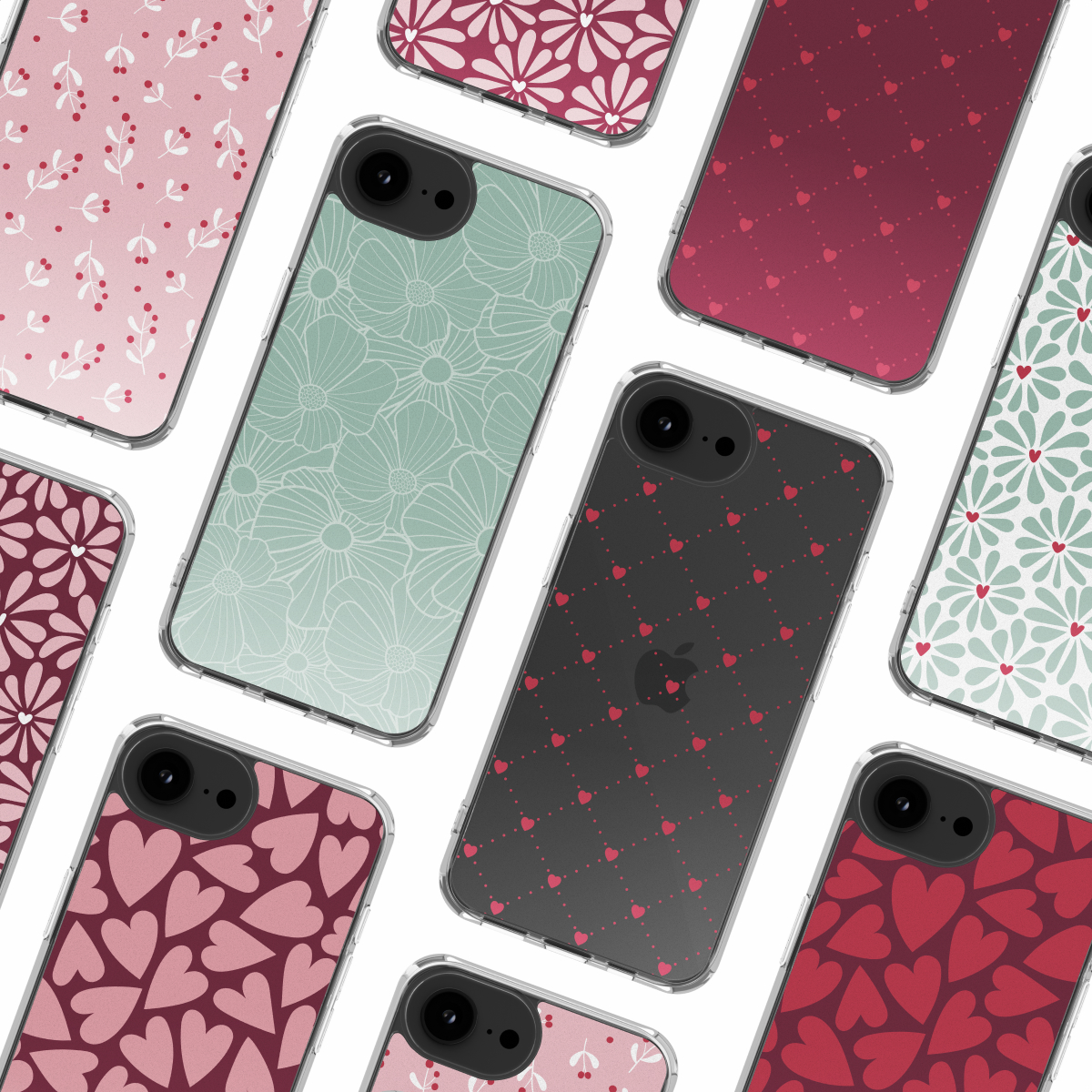 Collezione di custodie per telefoni con vari motivi floreali e a cuore. I colori includono rosa, rosso, verde e nero, su sfondo bianco.