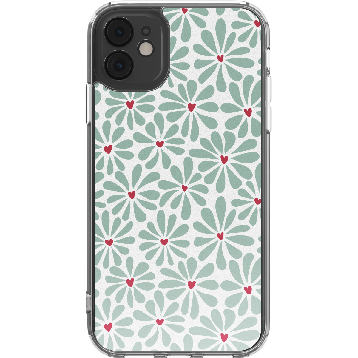 Custodia trasparente per iPhone con motivo floreale. Il motivo presenta fiori a forma di margherita verde chiaro con cuori rossi su sfondo bianco.