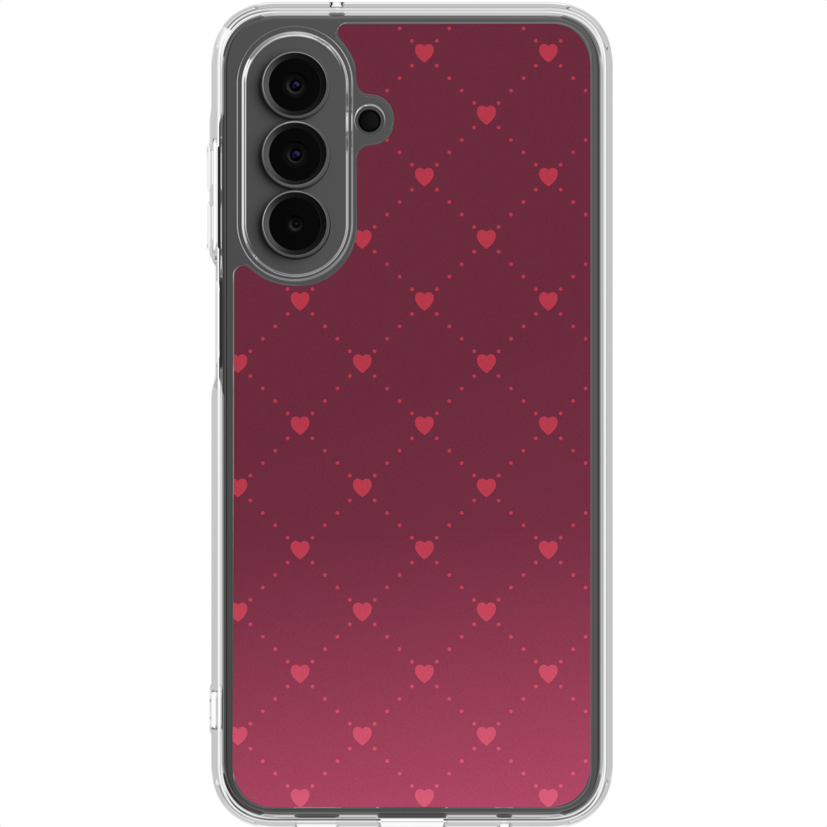 Een doorzichtige telefoonhoes met een rood hartpatroon op een gradiëntachtergrond. De telefoon heeft drie camera's.