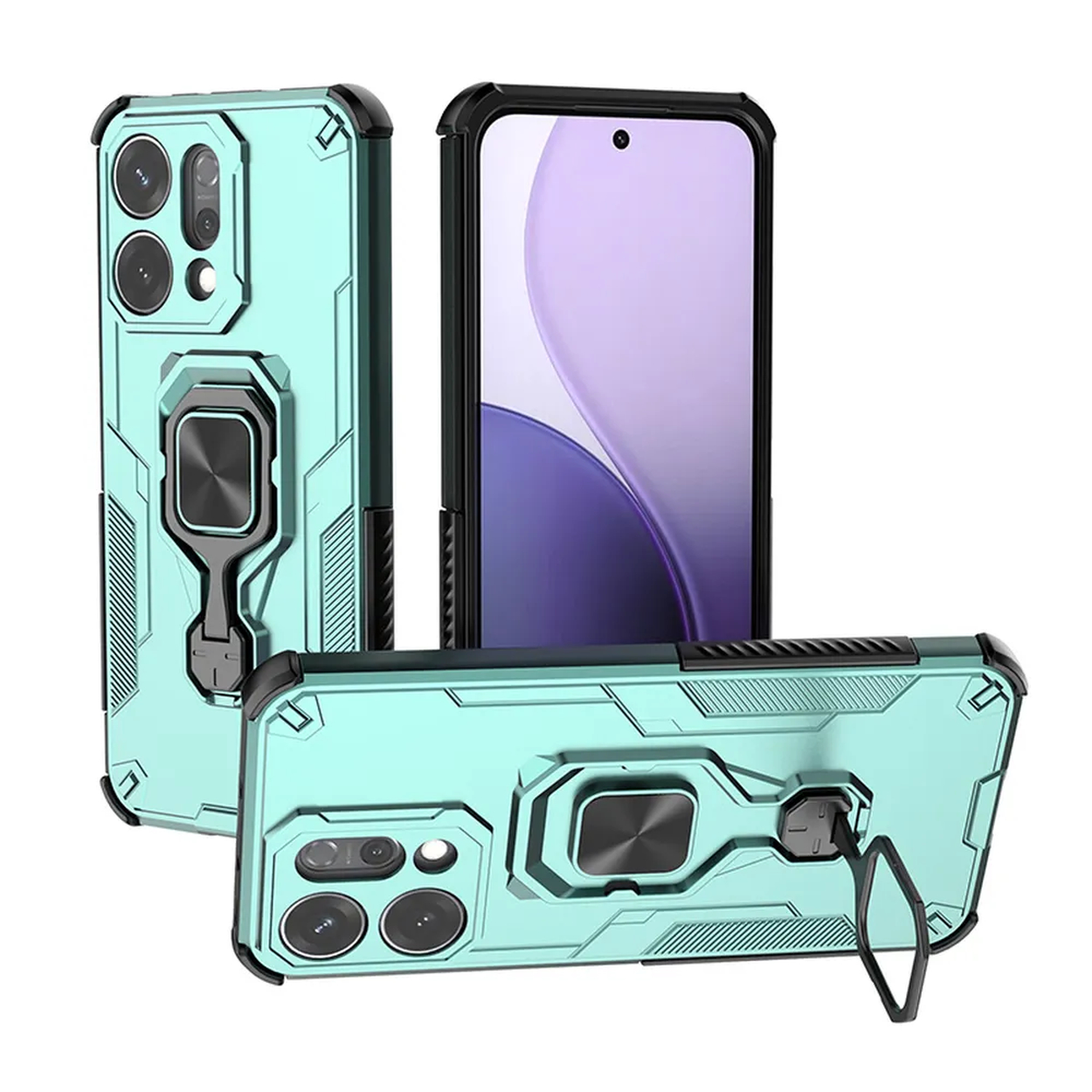 Trois étuis de téléphone vert menthe avec des accents noirs. Un étui contient un téléphone. Chaque étui a un support d'anneau.