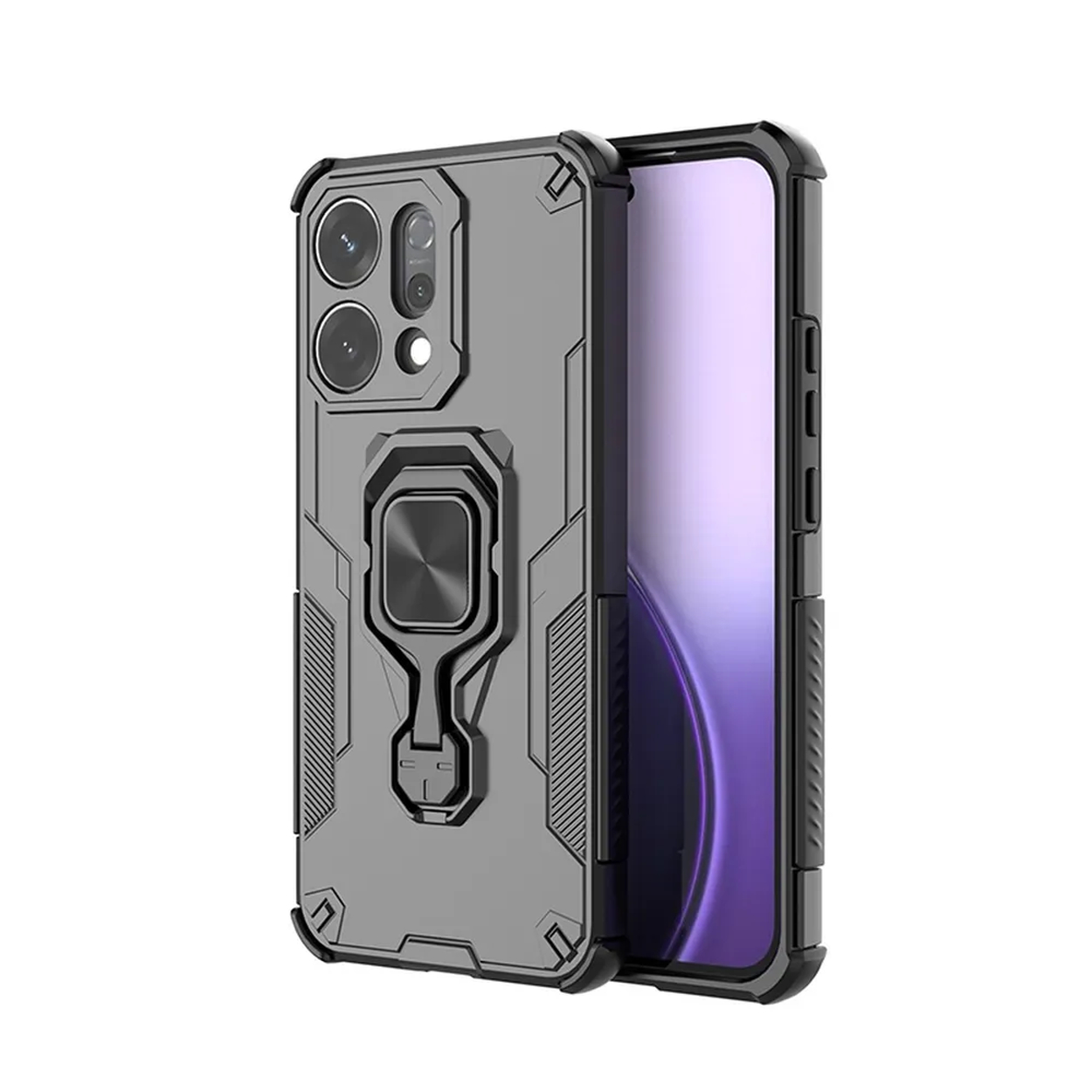 Een grijze en zwarte telefoonhoes met een ingebouwde ringhouder en camerabescherming, die gedeeltelijk een telefoon met een paars scherm bedekt.
