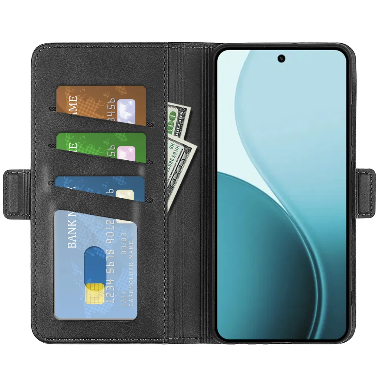 Een zwarte telefoonhoes met een telefoon, kaarten en een dollarbiljet. Het telefoonscherm is aan. De hoes heeft kaartsleuven.