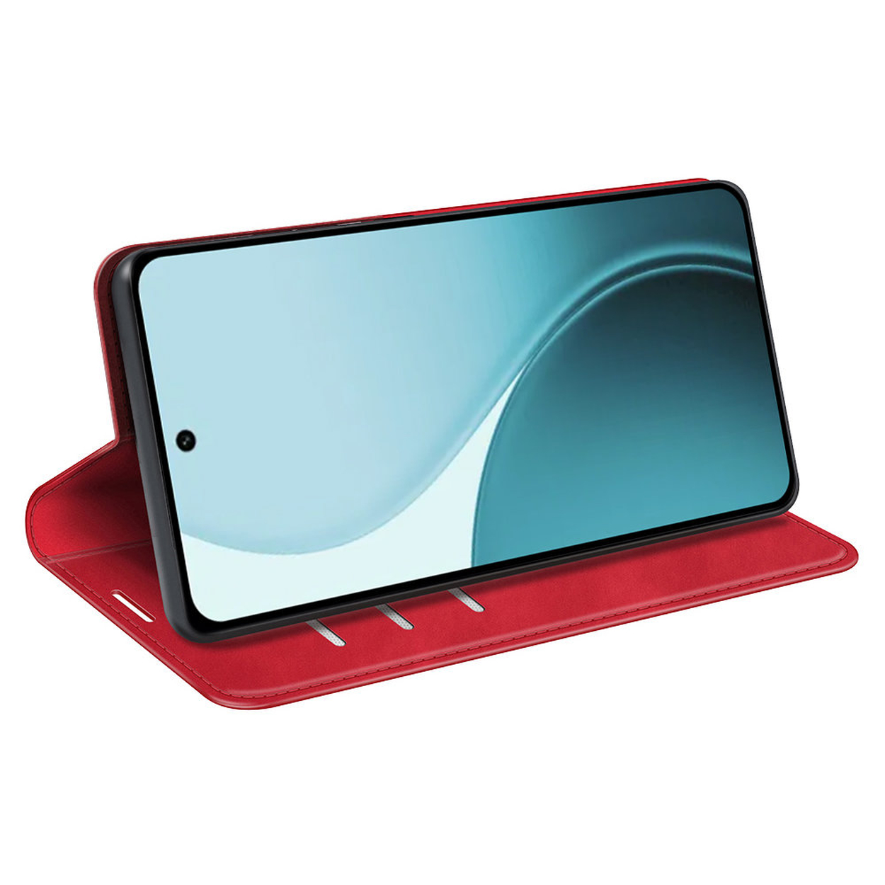 Un étui de téléphone rouge avec un téléphone à l'intérieur. L'écran du téléphone affiche un motif abstrait bleu clair. L'étui est ouvert.
