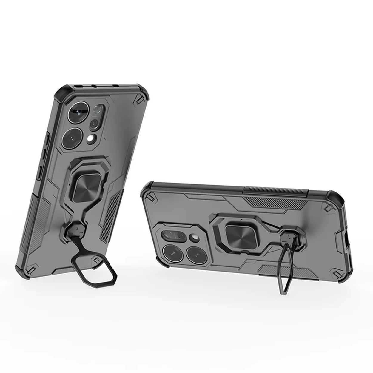 Twee grijze telefoonhoesjes met ringhouders. Eén staat rechtop, de andere ligt plat. Beide hebben uitsparingen voor de camera en een textuurontwerp.