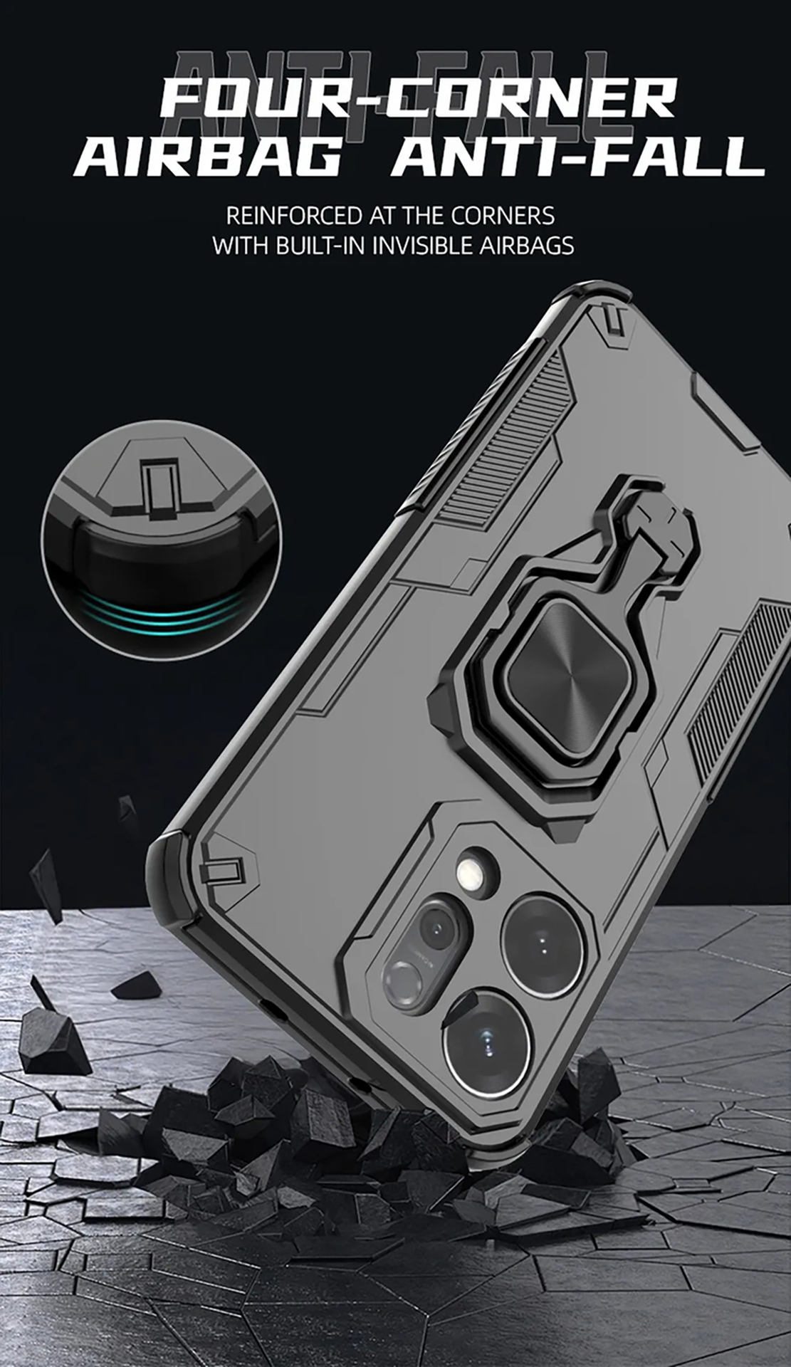 Grijze telefoonhoes met ringhouder, robuust ontwerp, op gebarsten grond, anti-val.