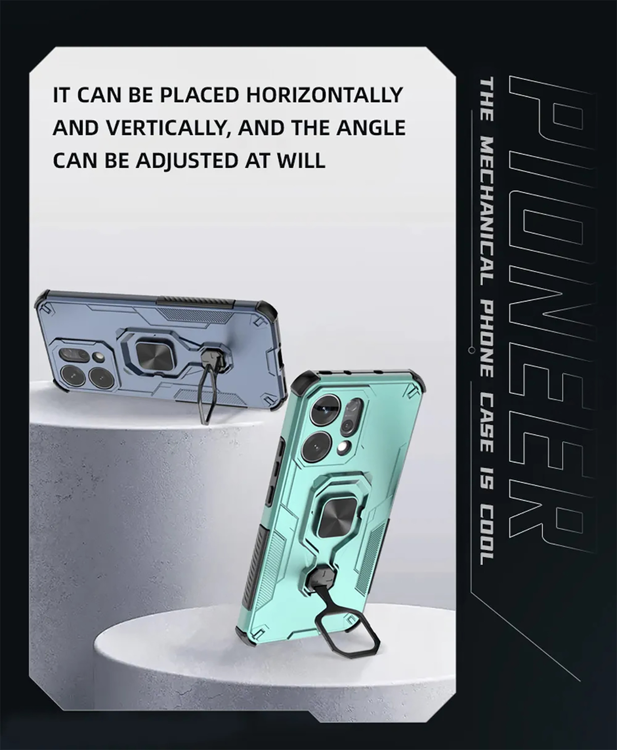Twee telefoonhoesjes, blauw en groen, met ringhouders, op een wit oppervlak. Tekst: 'PIONEER DE MECHANISCHE TELEFOONHOUDER IS COOL'.
