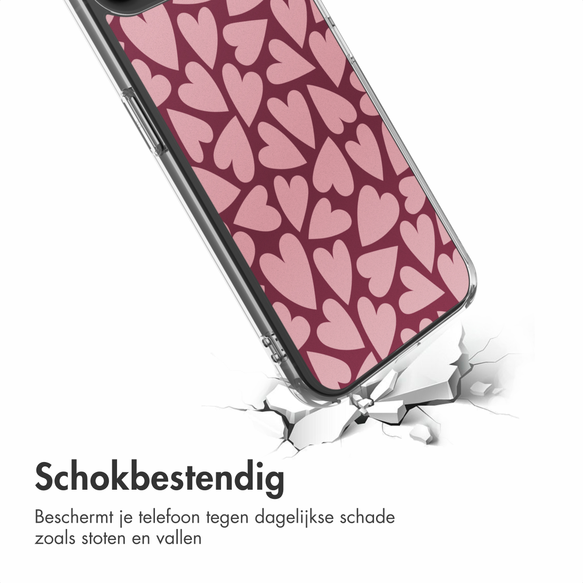 Eine Smartphone-Hülle mit rosa Herzen auf maroonfarbenem Hintergrund, die eine weiße Oberfläche zerbricht. Die Hülle ist transparent.