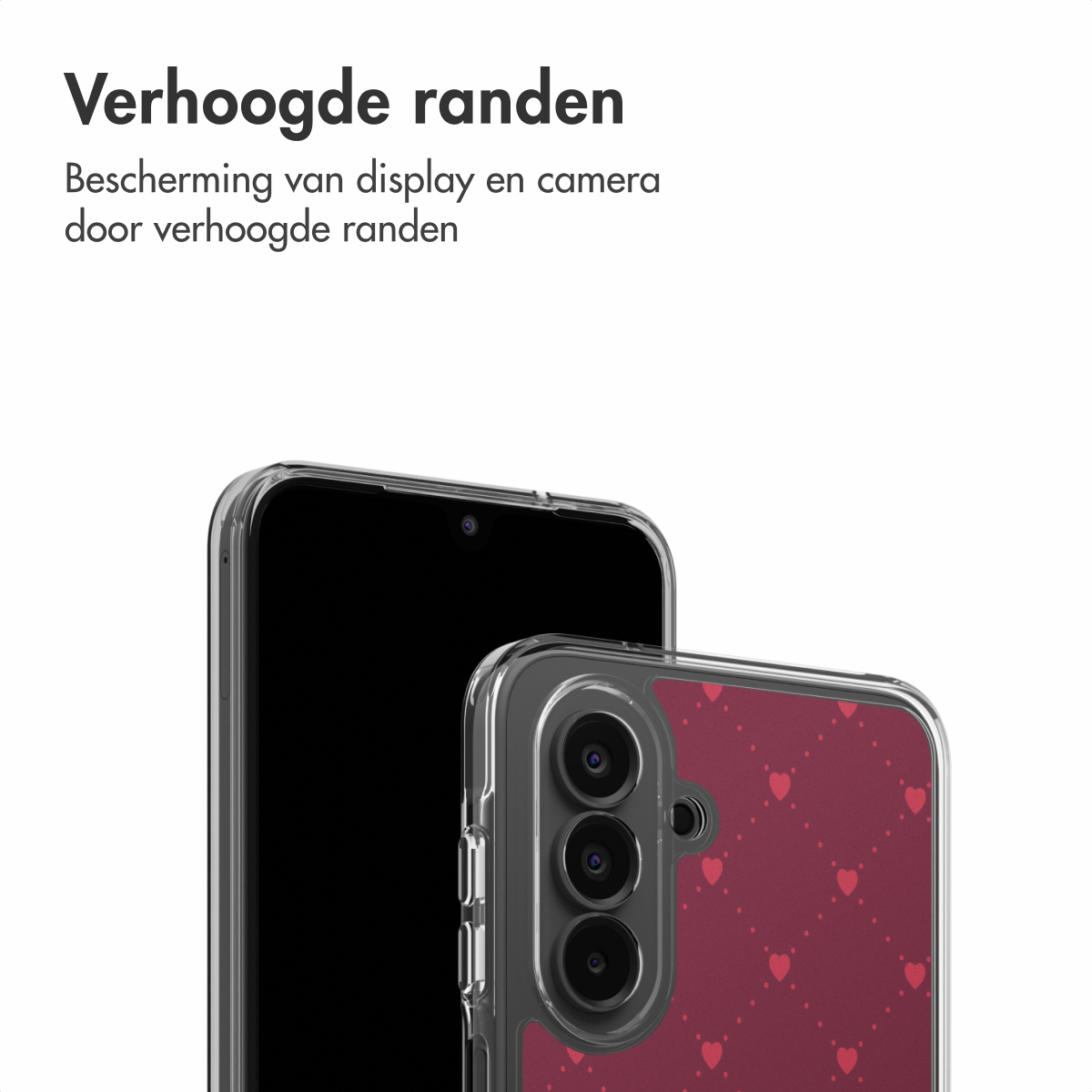 Smartphone in een doorzichtig hoesje. De case heeft een rood patroon met kleine hartjes. De telefoon is zwart.