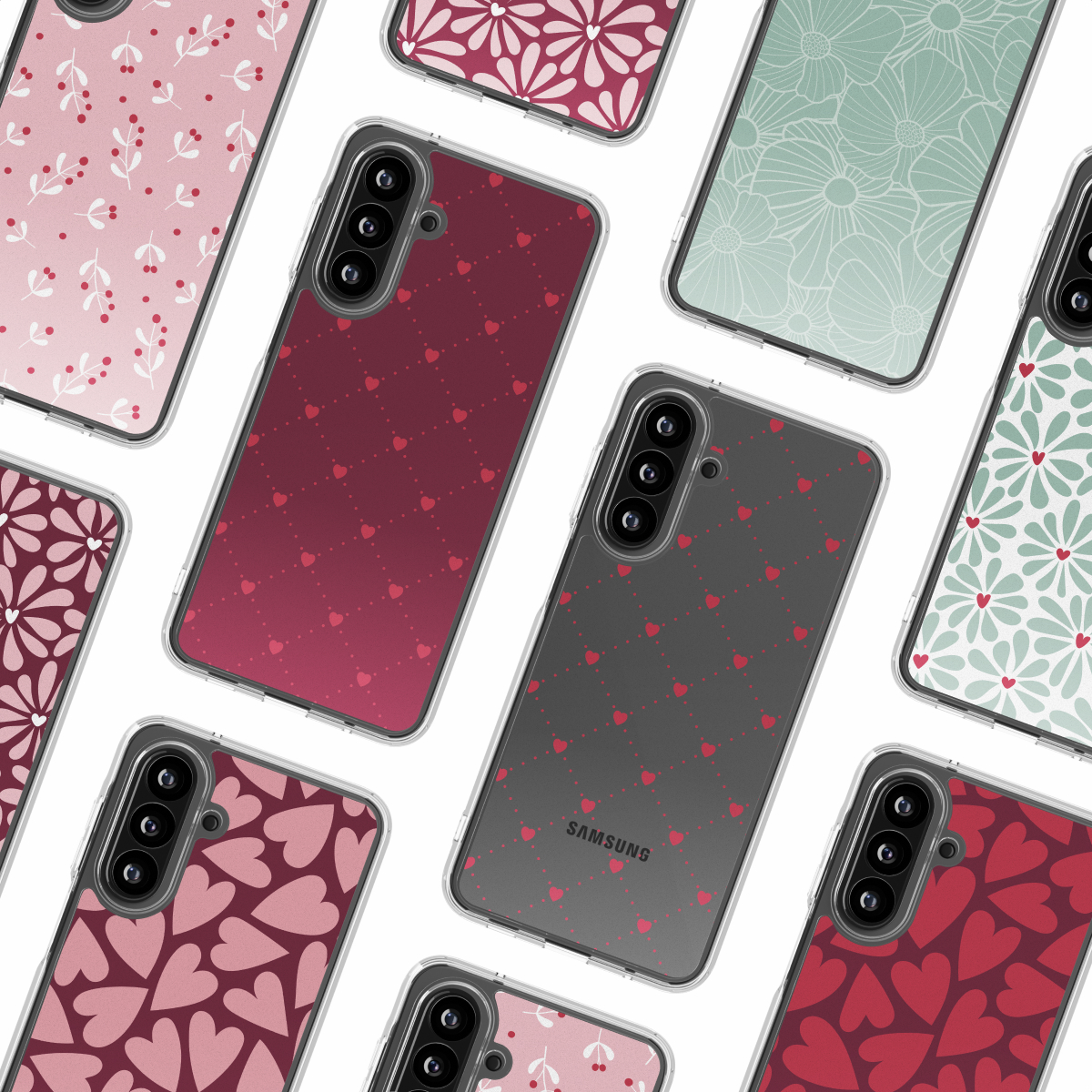 Verschillende telefoonhoesjes met verschillende patronen: harten, bloemen en bladeren, in verschillende kleuren zoals roze, rood en groen.