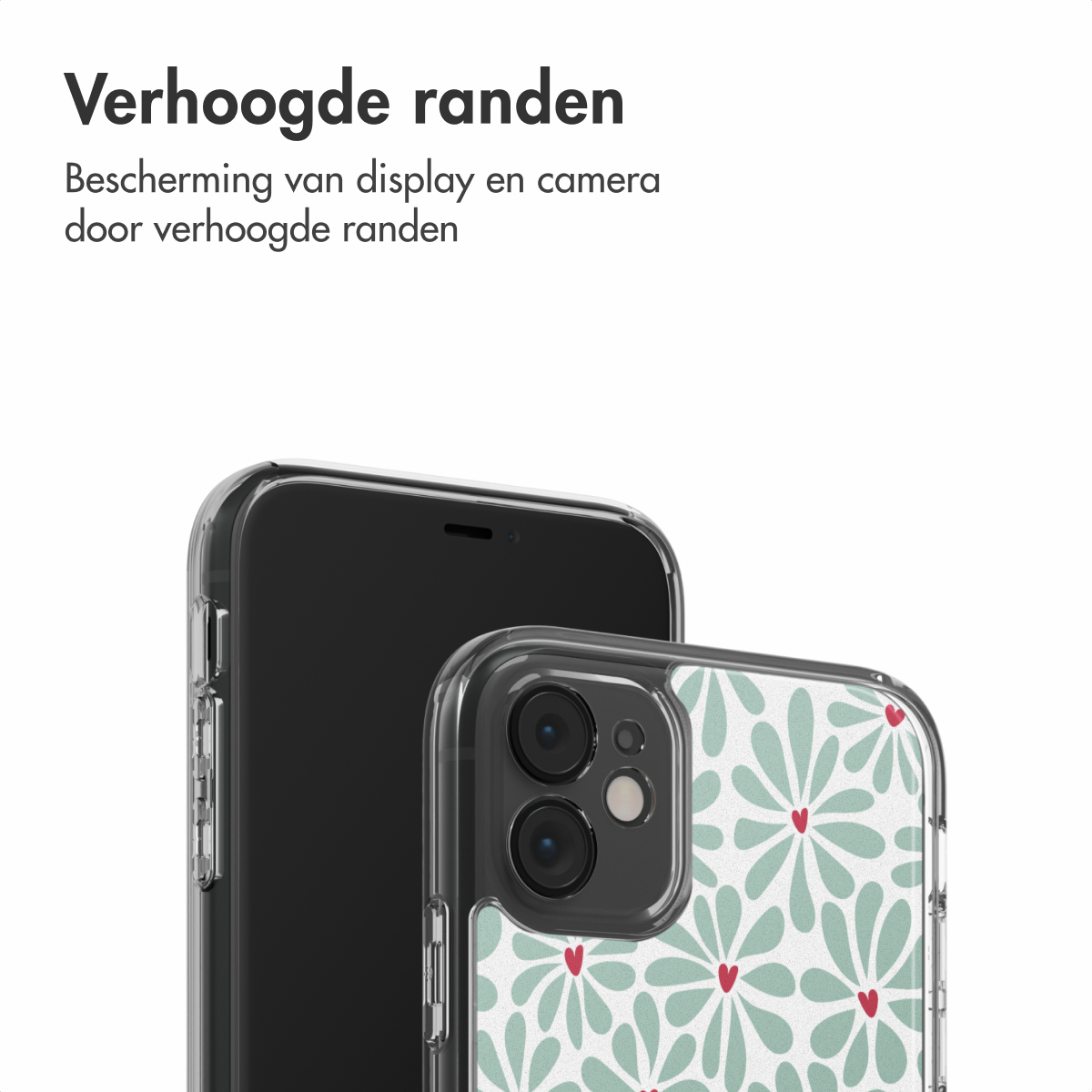 Due smartphone con custodie protettive. Un telefono è nero liscio. Il secondo ha un design floreale con petali verdi e cuori rossi.