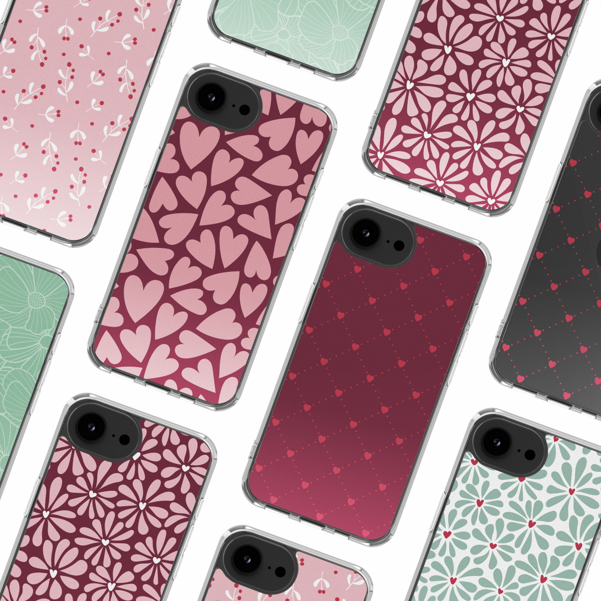 Mehrere Smartphones mit verschiedenen Designs, darunter Herzen, Blumen und gepunktete Muster, sind auf weißem Hintergrund verstreut.