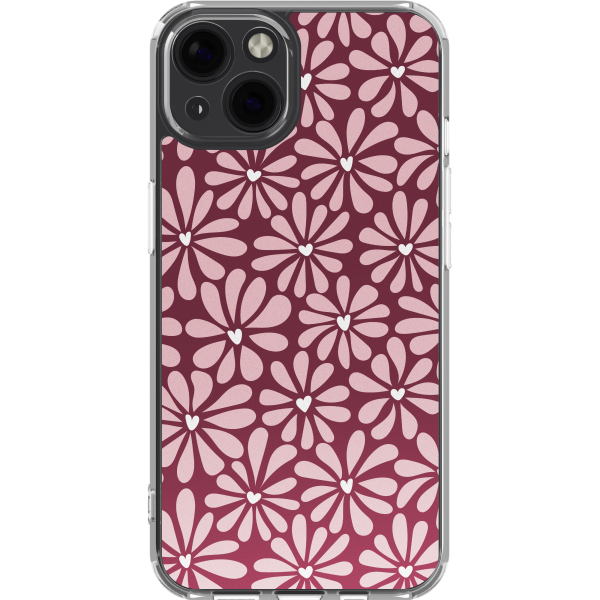 Coque de téléphone avec motif de marguerites roses sur fond rouge foncé. Coeurs blancs au centre de chaque fleur.