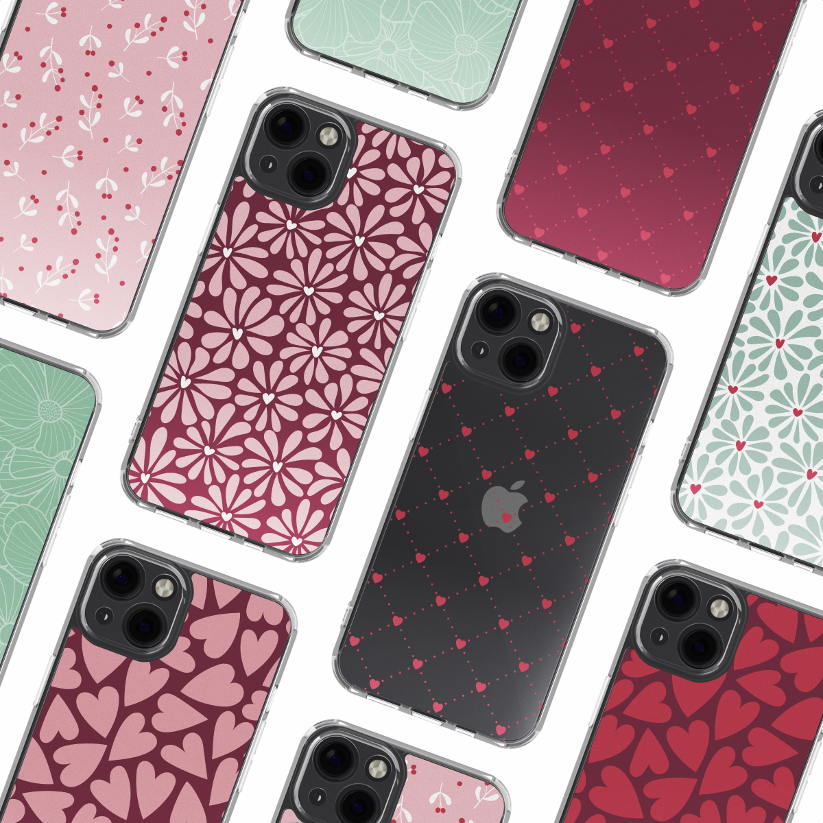 Collection d'étuis de téléphone avec divers motifs tels que des fleurs, des cœurs et des points. Les étuis sont en rose, rouge et vert sur fond blanc.