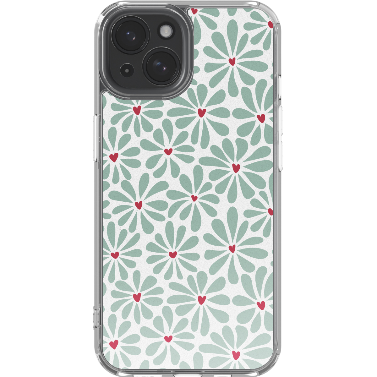 Een iPhone in een transparante hoes met een bloemenpatroon. Het patroon toont groene madeliefachtige bloemen met rode hartjes op een witte achtergrond.