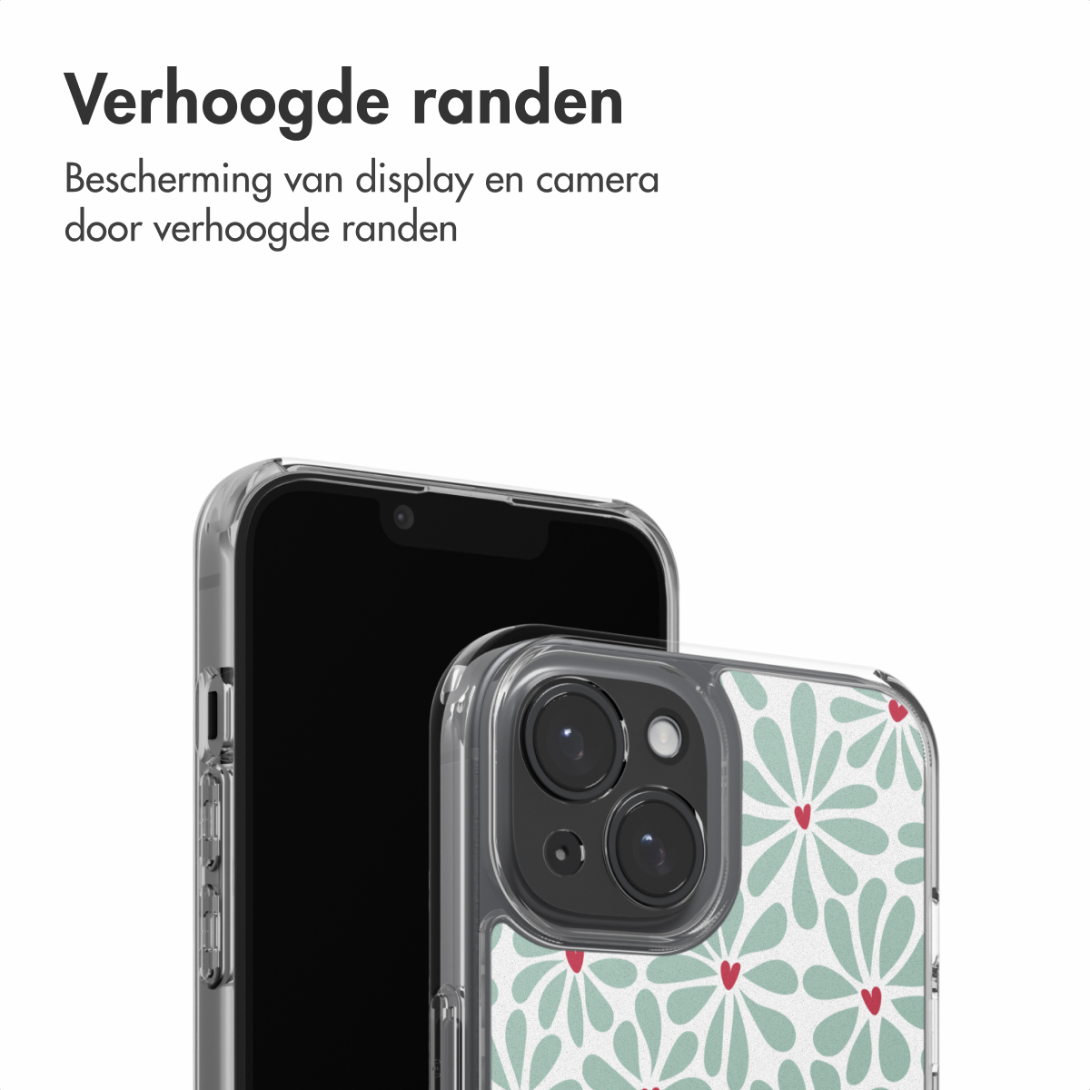 Twee smartphones met beschermhoezen. Eén hoes heeft een bloemenpatroon met groene bladeren en rode harten, de andere is zwart.