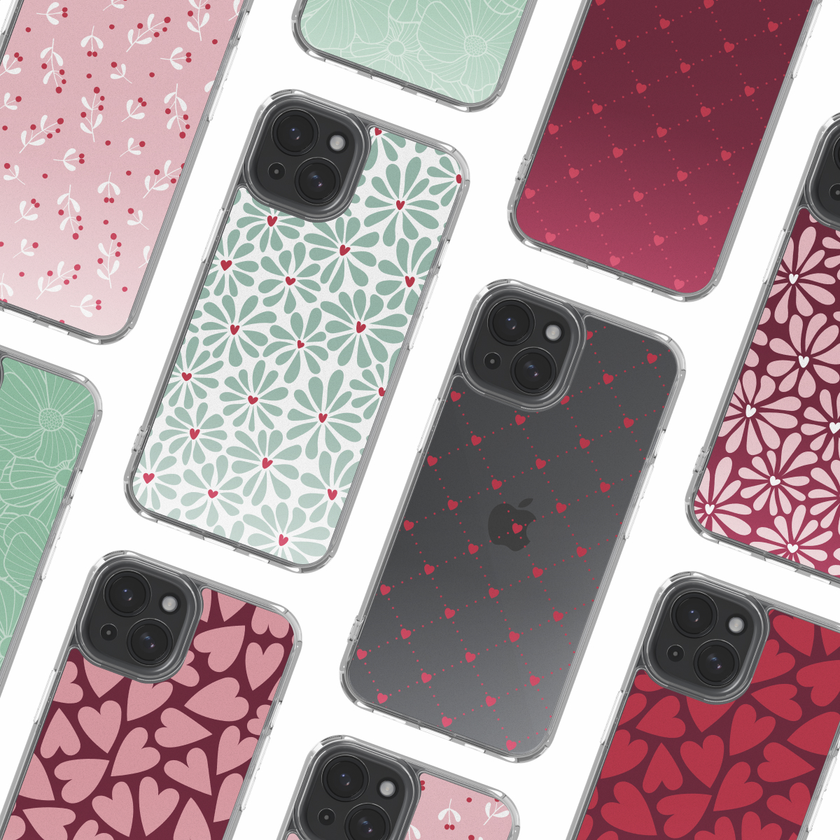 Collectie iPhone-hoesjes met diverse ontwerpen: bloemen, harten en bessenpatronen. Hoesjes zijn in roze, rood, groen en zwart.