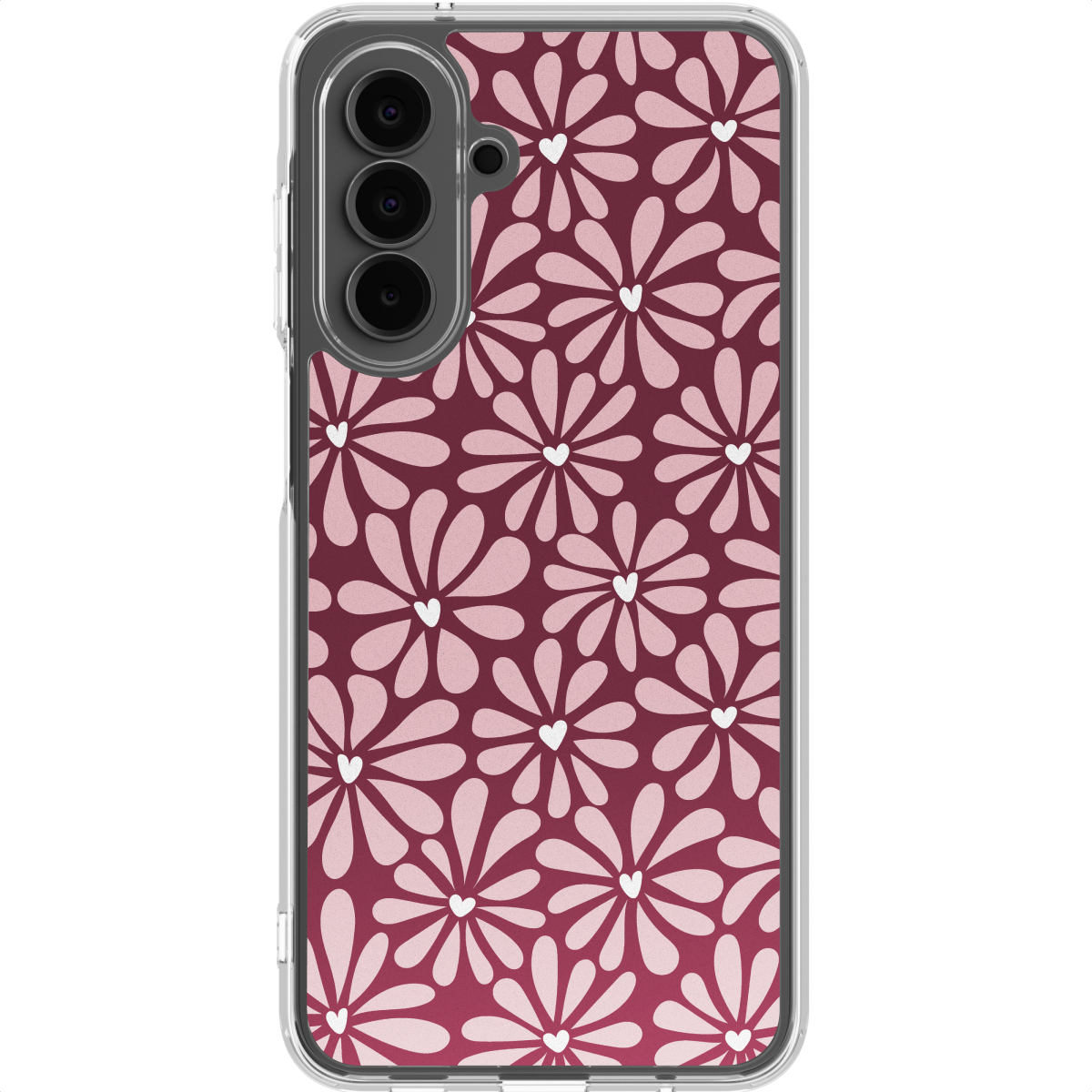 Een smartphone in een transparante hoes met een bloemenpatroon van roze bloemen op een bordeauxrode achtergrond. De bloemen hebben witte hartcentra.