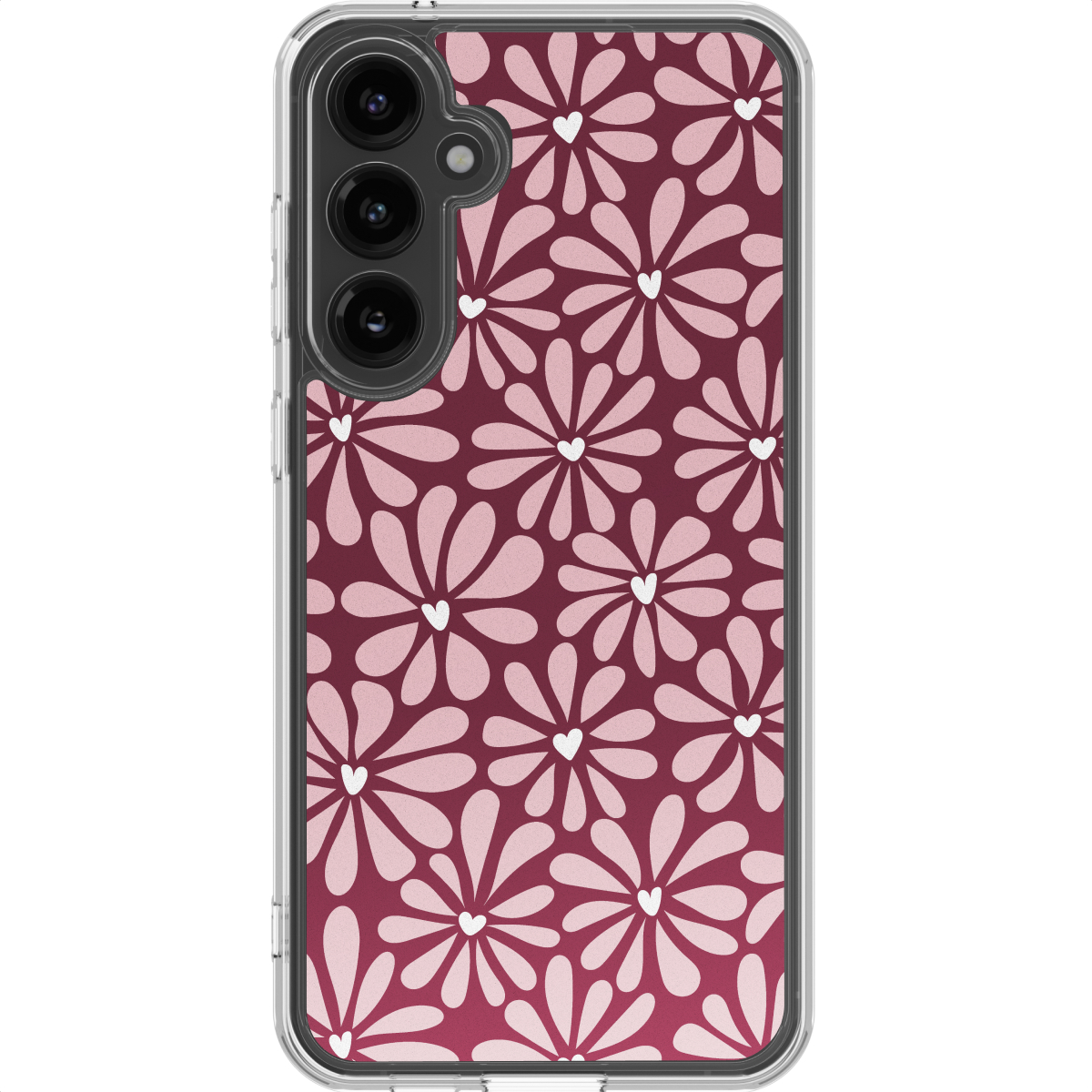 Een telefoonhoesje met bloemenpatroon. Roze madeliefachtige bloemen met witte hartcentra staan op een bordeauxrode achtergrond.