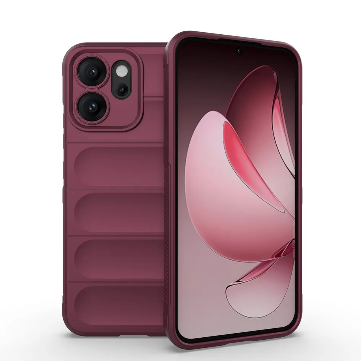 Een bordeauxrode smartphone met een beschermhoes. Het scherm toont een roze abstract ontwerp. De hoes heeft uitsparingen voor de camera en een gestructureerde achterkant.