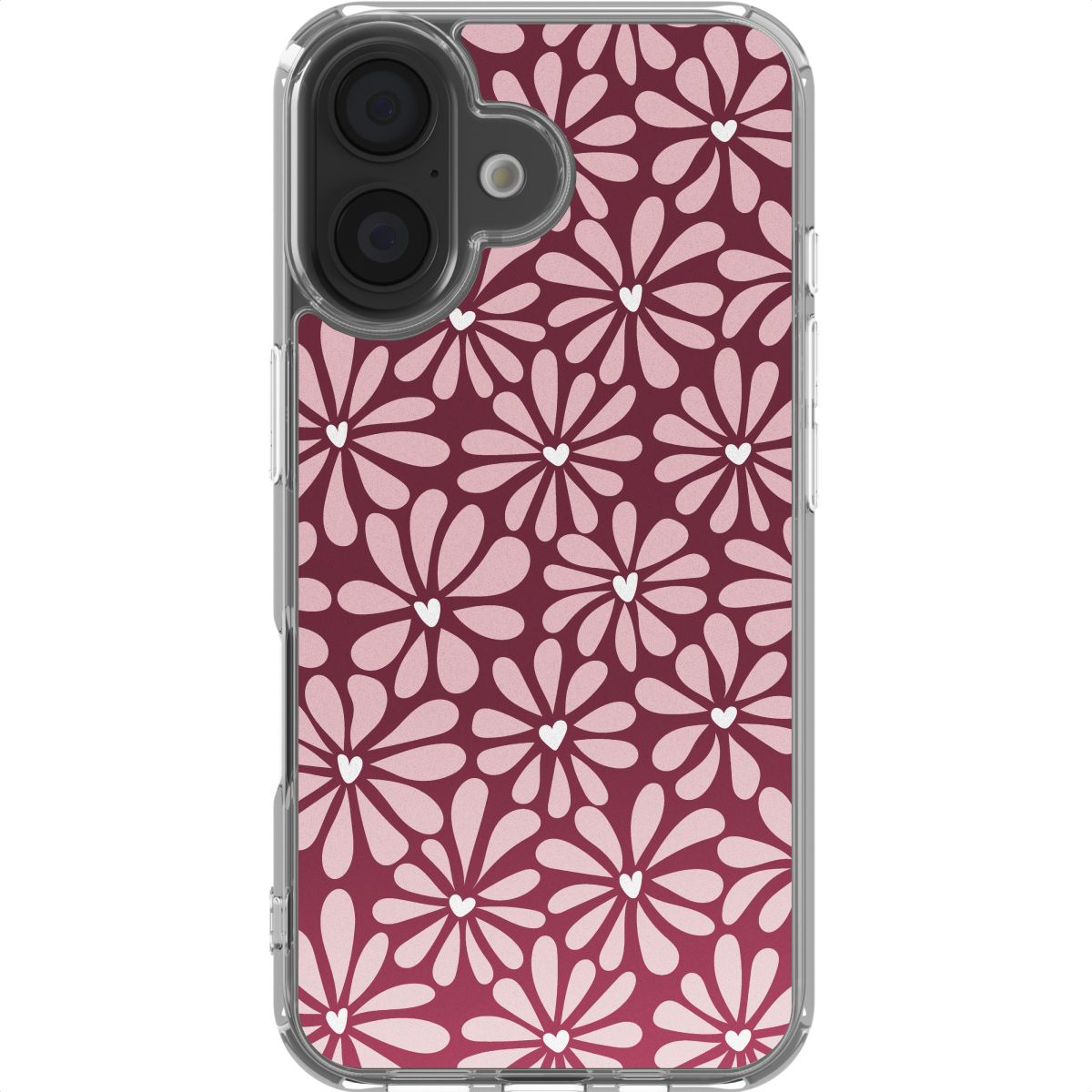 Een telefoonhoesje met bloemenpatroon. Lichtroze bloemen met witte hartcentra op een donkerrode achtergrond. Transparante hoes.