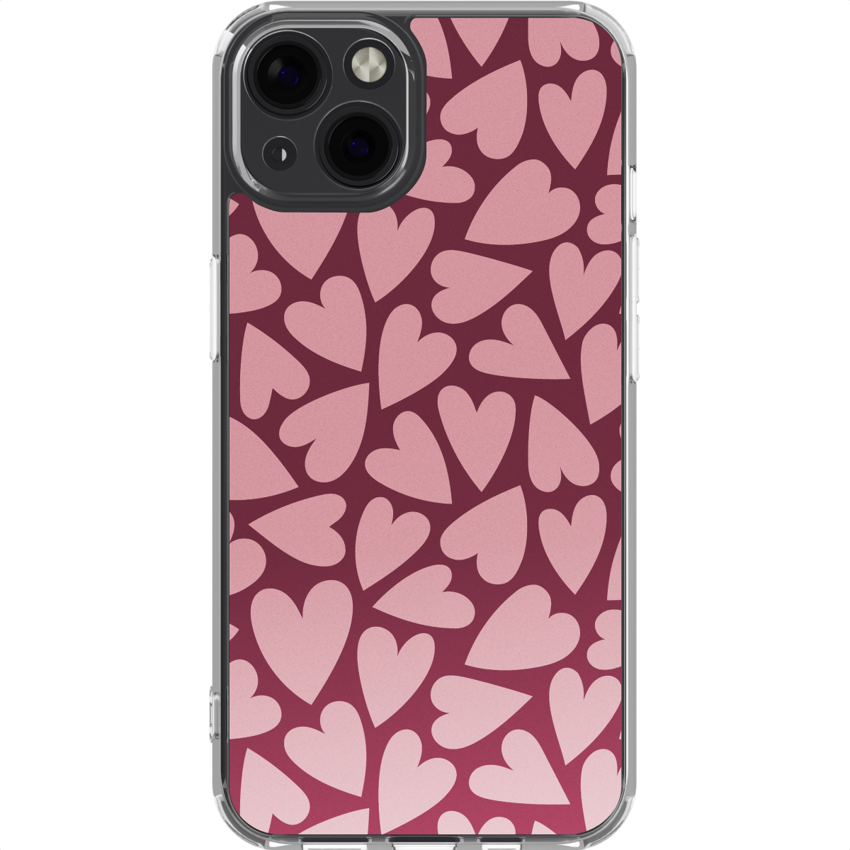 Una custodia per smartphone con un motivo di cuori rosa chiaro su sfondo rosso scuro, la custodia ha una cornice trasparente.