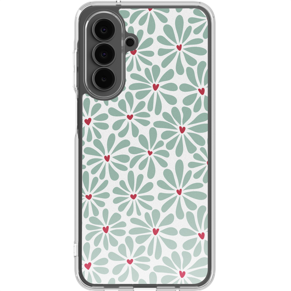 Een telefoonhoesje met een bloemenpatroon. Het ontwerp bevat lichtgroene bloemen met rode hartcentra op een witte achtergrond.