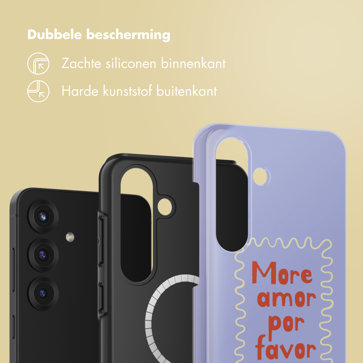 Drie telefoonhoesjes, zwart, paars en lavendel. Op het lavendelkleurige hoesje staat 'More amor por favor'.
