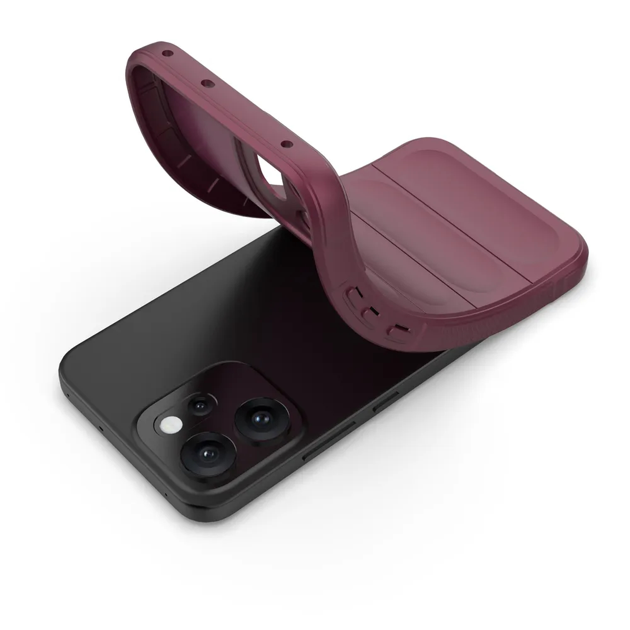Een zwarte smartphone met een licht losgemaakte bordeauxrode hoes, die de camera van de telefoon onthult. De achtergrond is wit.
