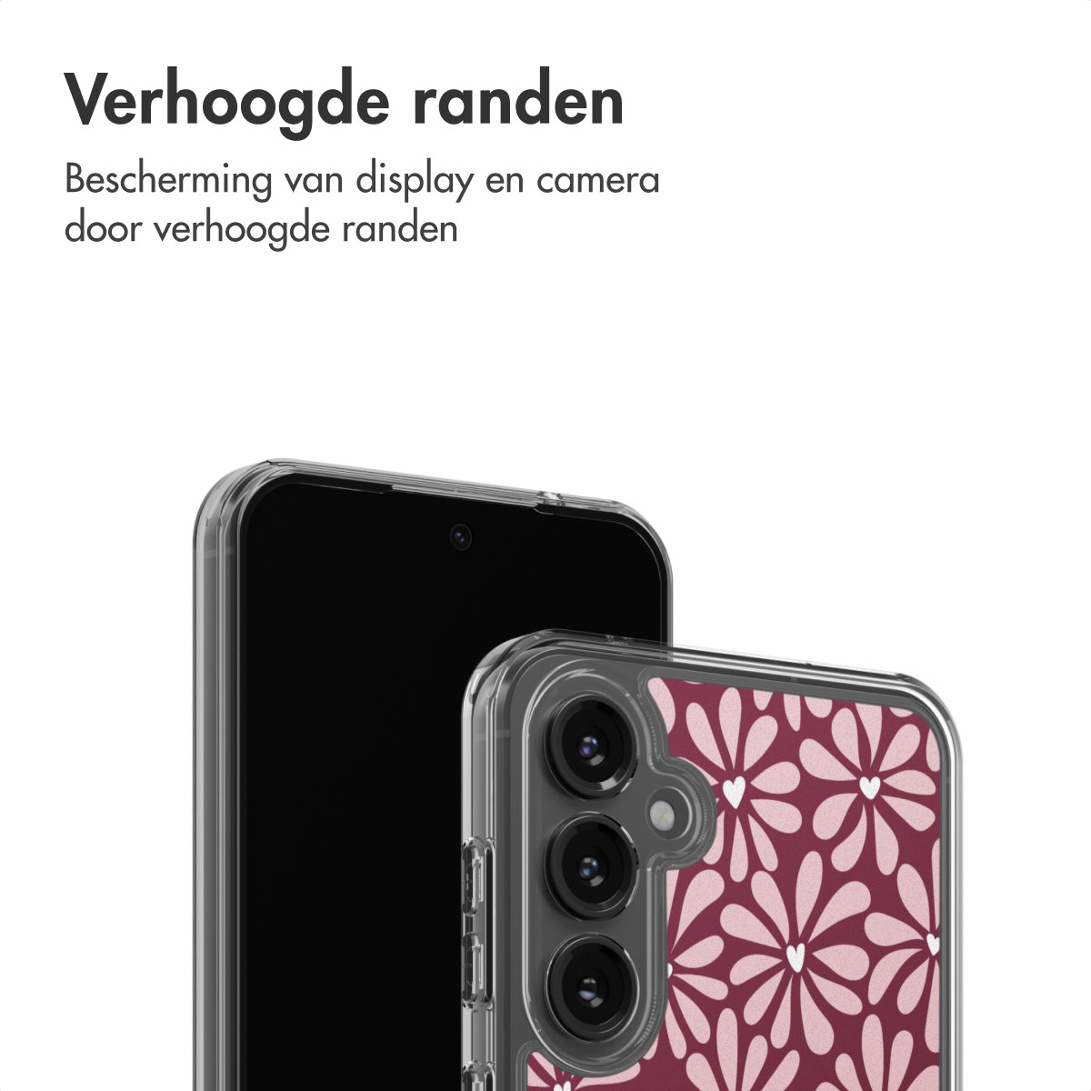 Een smartphone met een transparante hoes. De hoes heeft een bordeauxrood bloemenpatroon met witte harten. De telefoon is zwart.