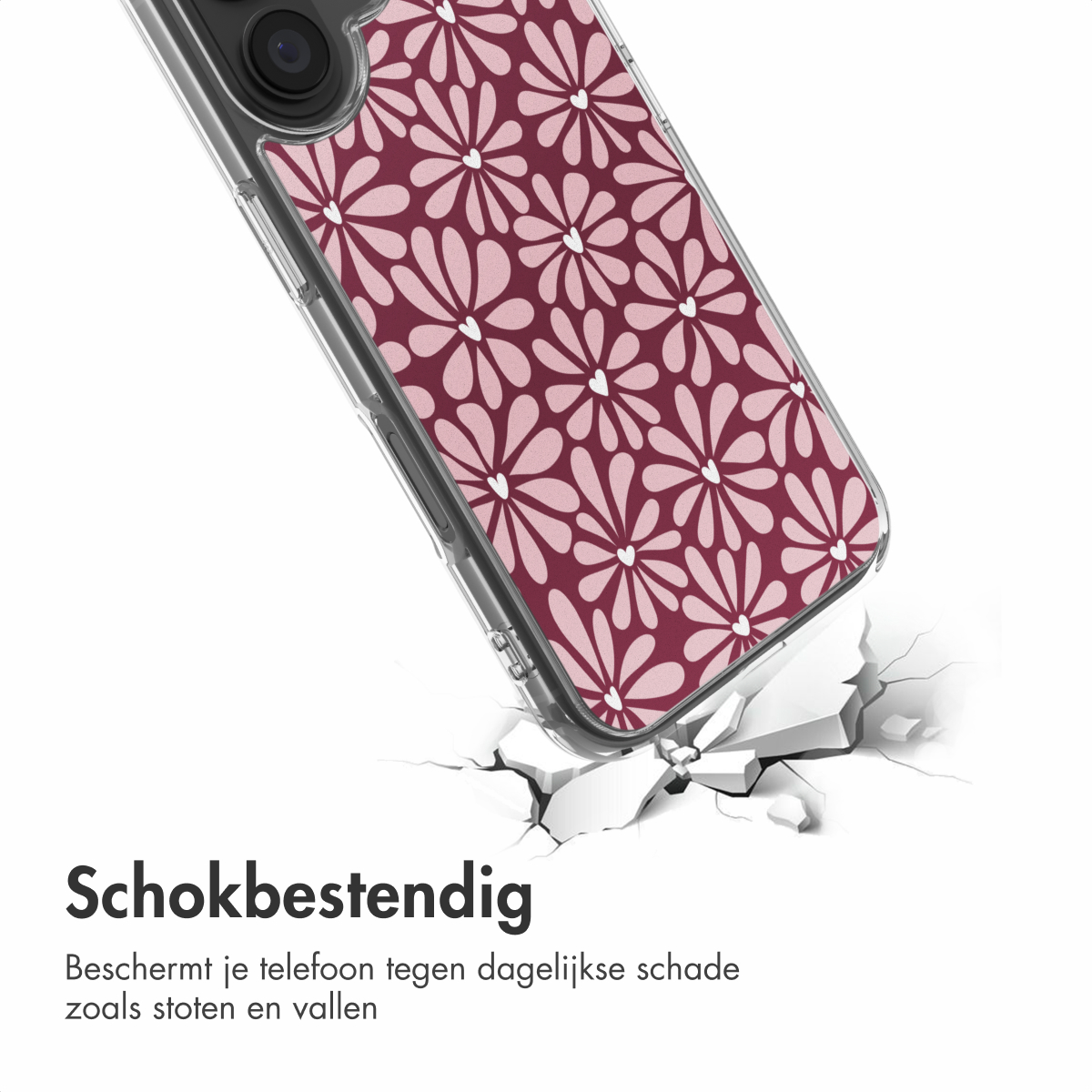 Een telefoon in een hoesje met bloemenpatroon breekt een wit oppervlak. De case heeft een transparante zijkant en een camera.