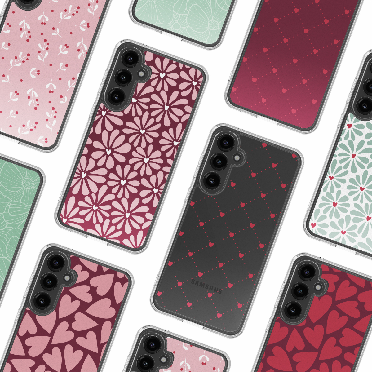 Meerdere telefoonhoesjes met verschillende patronen: bloemen, harten en stippen. Hoesjes hebben verschillende kleuren.