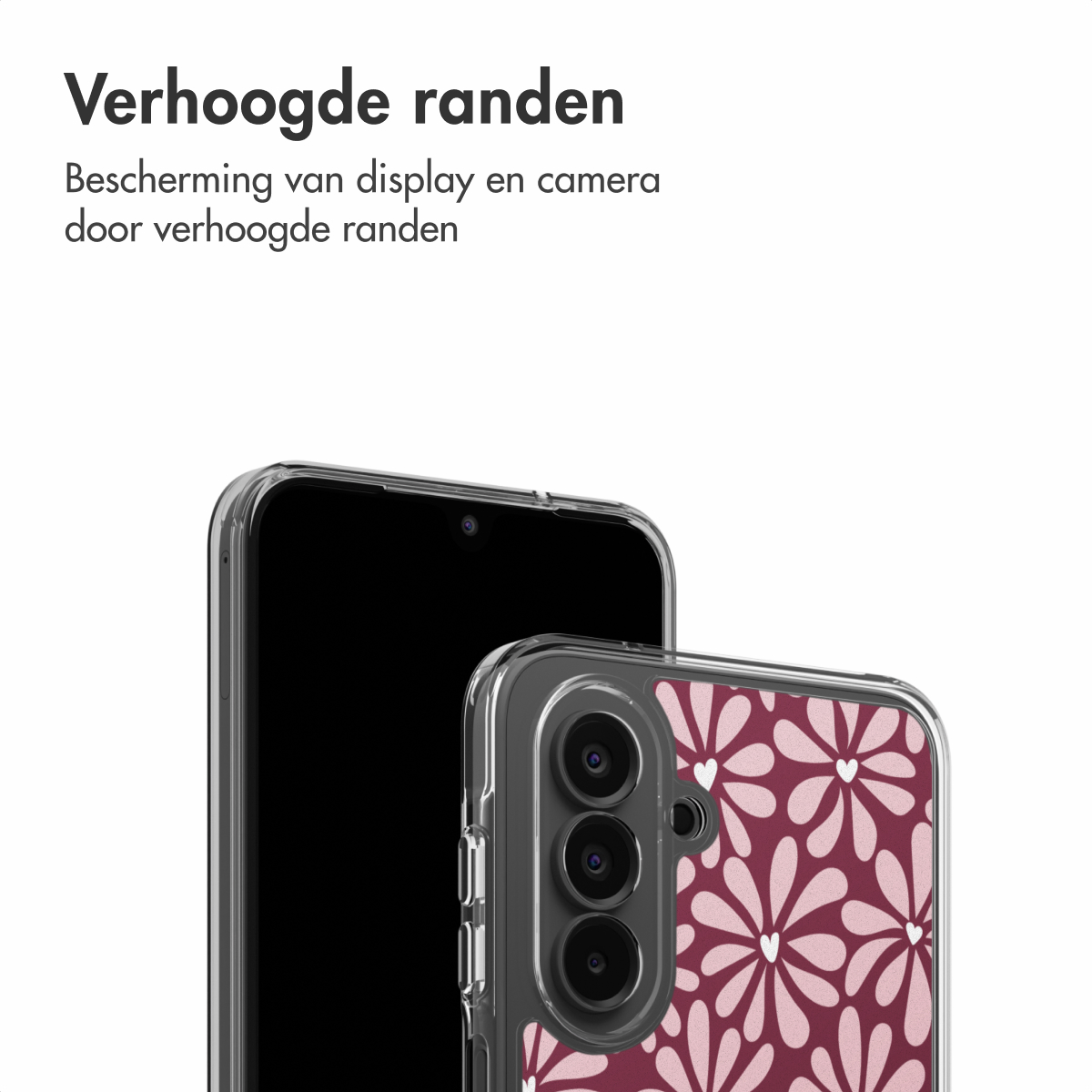 Een telefoon met een doorzichtige hoes. De hoes heeft een bloemenpatroon van roze bloemen op een bordeauxrode achtergrond. De telefoon staat op een witte achtergrond.