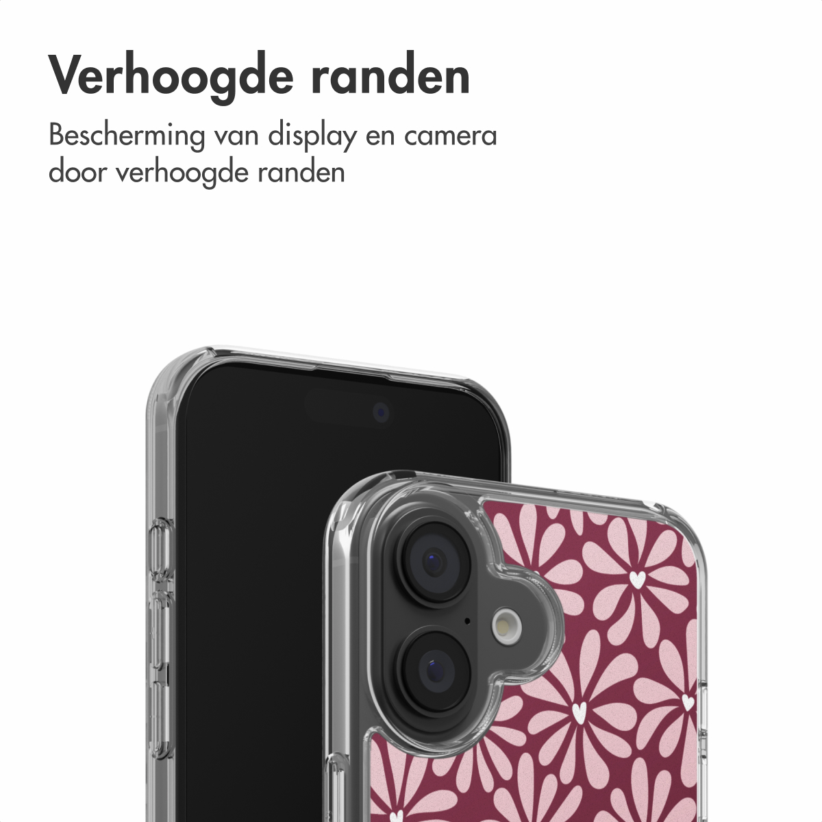 Twee telefoons met beschermhoezen. Eén telefoon is zwart, de andere heeft een bloemenpatroon in roze en wit.