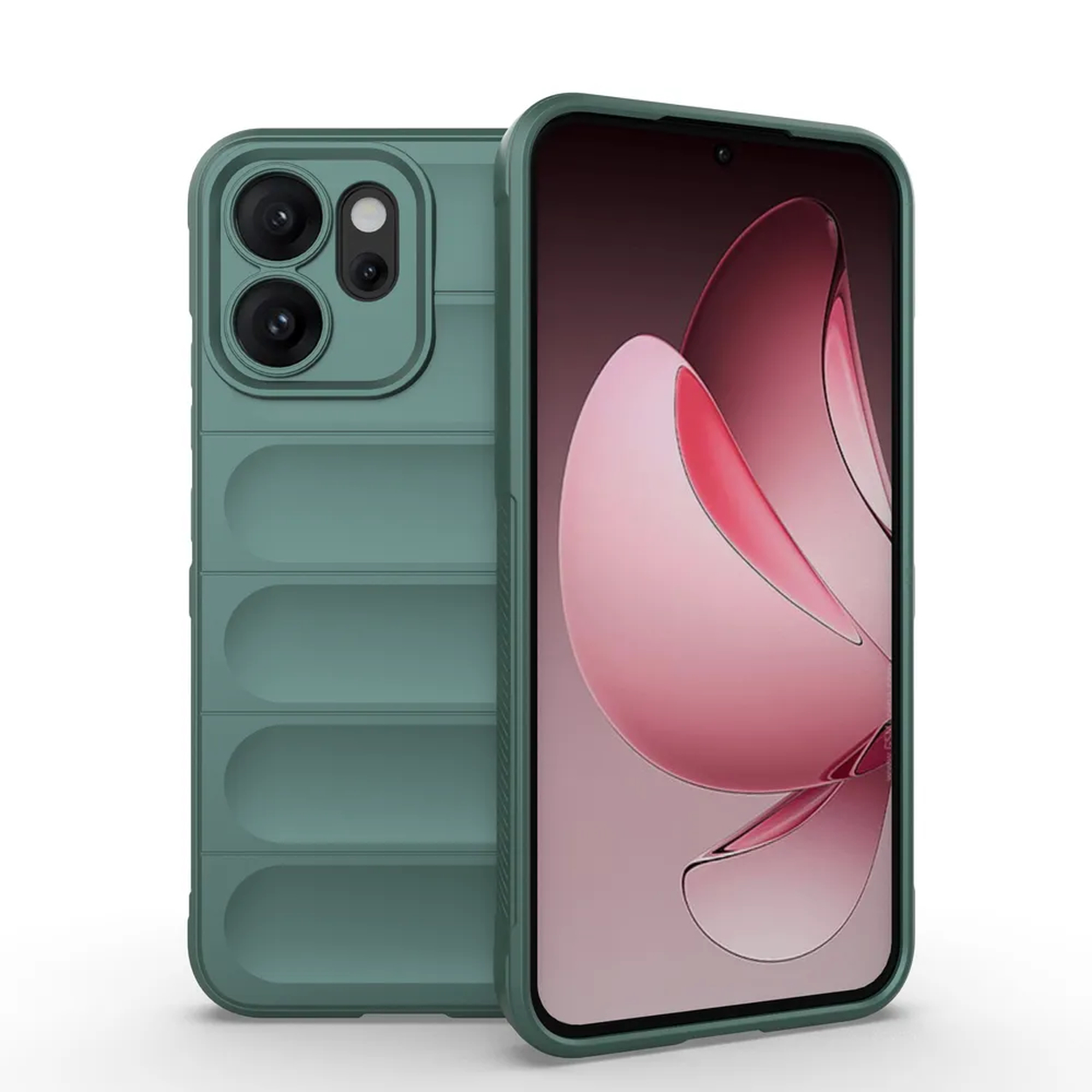 Twee groene smartphones. Eén heeft een hoesje met camera's. De andere toont een roze en wit ontwerp op het scherm.