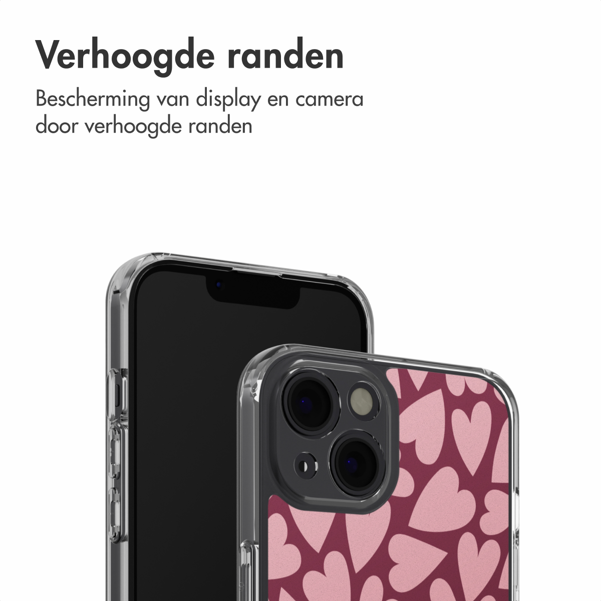 Due smartphone con custodie protettive. Uno con schermo nero, l'altro con motivo a cuore rosa su sfondo bordeaux, custodia trasparente.