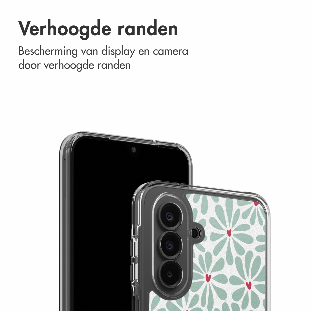 Een telefoon met een doorzichtige hoes. De hoes heeft een bloemendesign met groene bloemblaadjes en rode hartjes. Tekst in het Nederlands bovenaan.