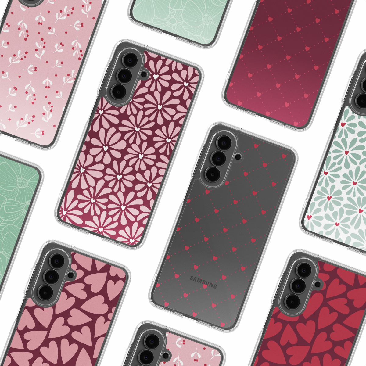Verschillende telefoonhoesjes met verschillende patronen, waaronder bloemen, harten en bladeren, worden getoond tegen een witte achtergrond.