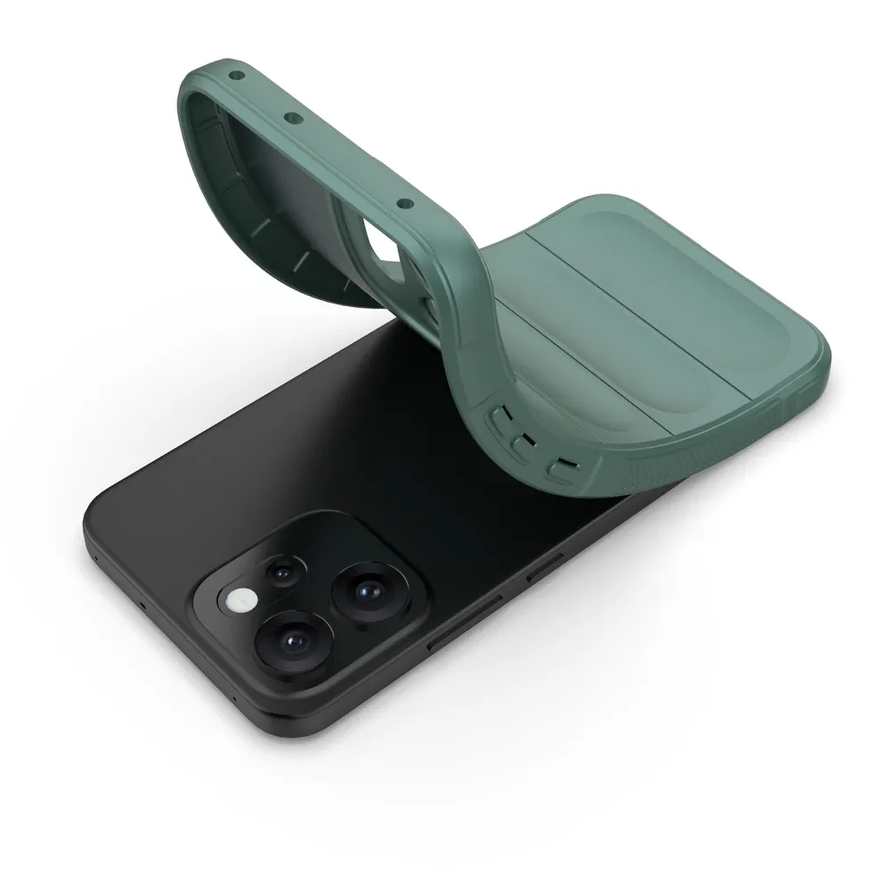 Een zwarte smartphone met een groene telefoonhoes. De hoes wordt opgetild. De achtergrond is wit.