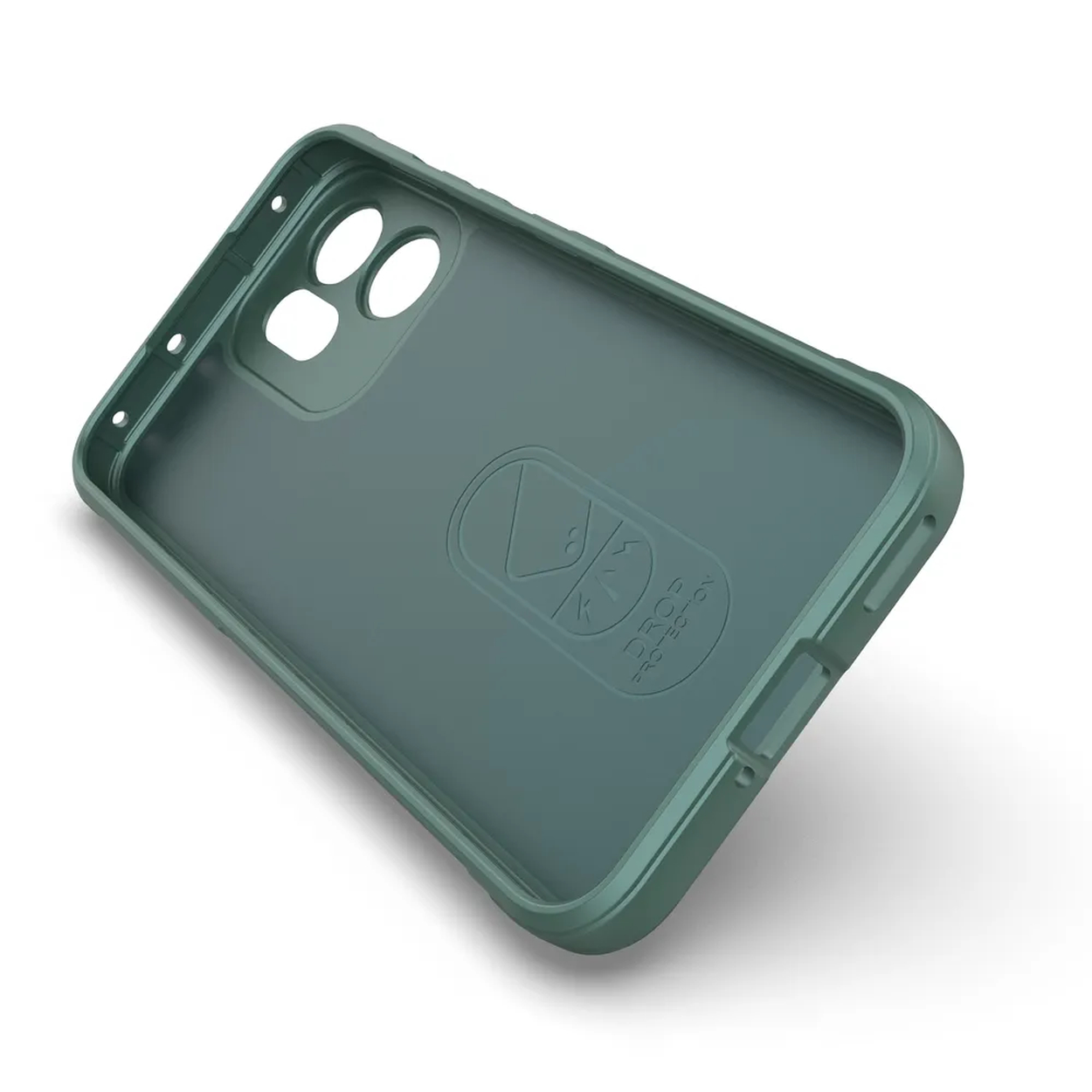 Een schuine weergave van een groene telefoonhoes. Het heeft cameraholes en de woorden 'DROP PROTECTION'. De hoes ligt op een wit oppervlak.