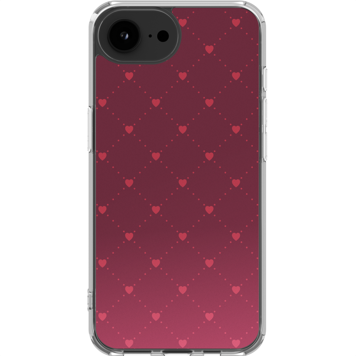 Telefoonhoesje. Donkerrode gradiënt achtergrond met kleine rode hartjes in een rasterpatroon. Doorzichtige plastic randen en cameralens.